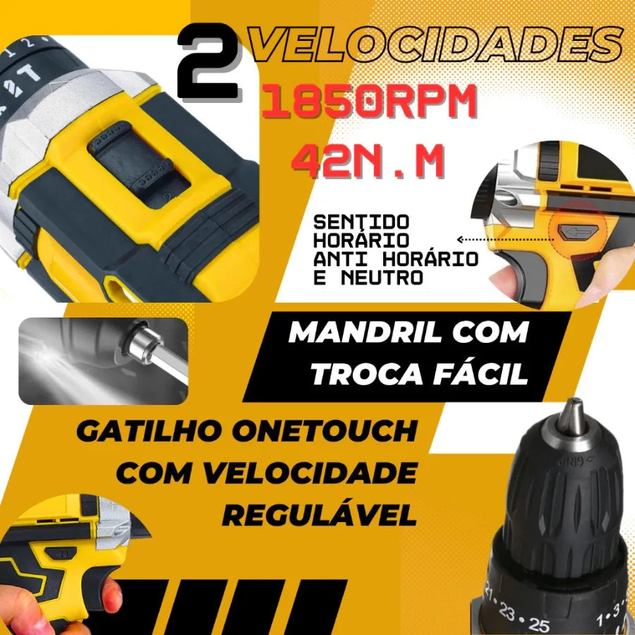 Furadeira/Parafusadeira de Impacto Sem Fio 48V com 2 Baterias Bivolt + Maleta Portátil Recarregável com Bits