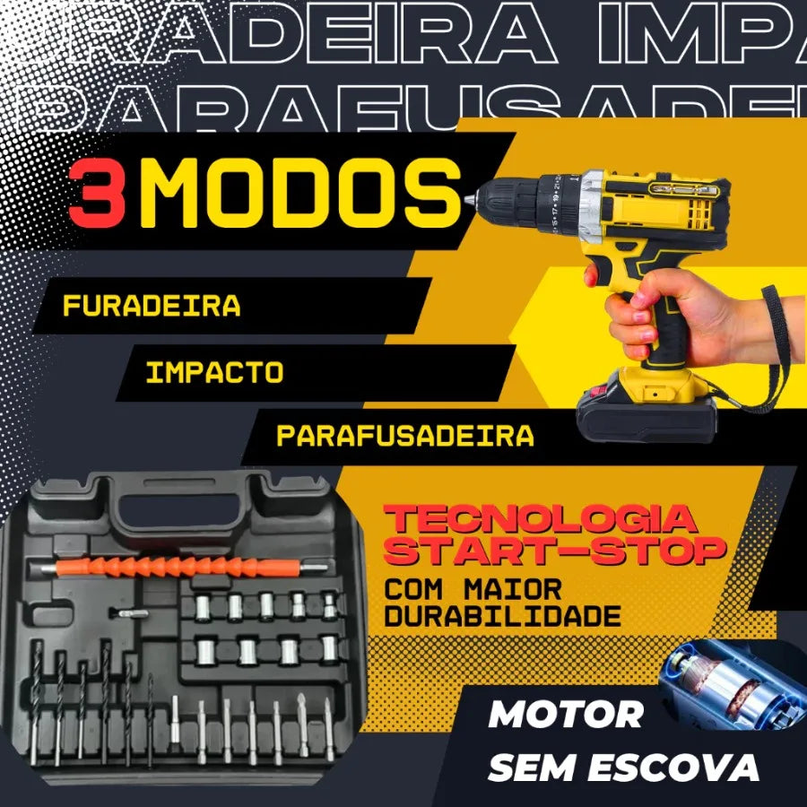 Furadeira/Parafusadeira de Impacto Sem Fio 48V com 2 Baterias Bivolt + Maleta Portátil Recarregável com Bits