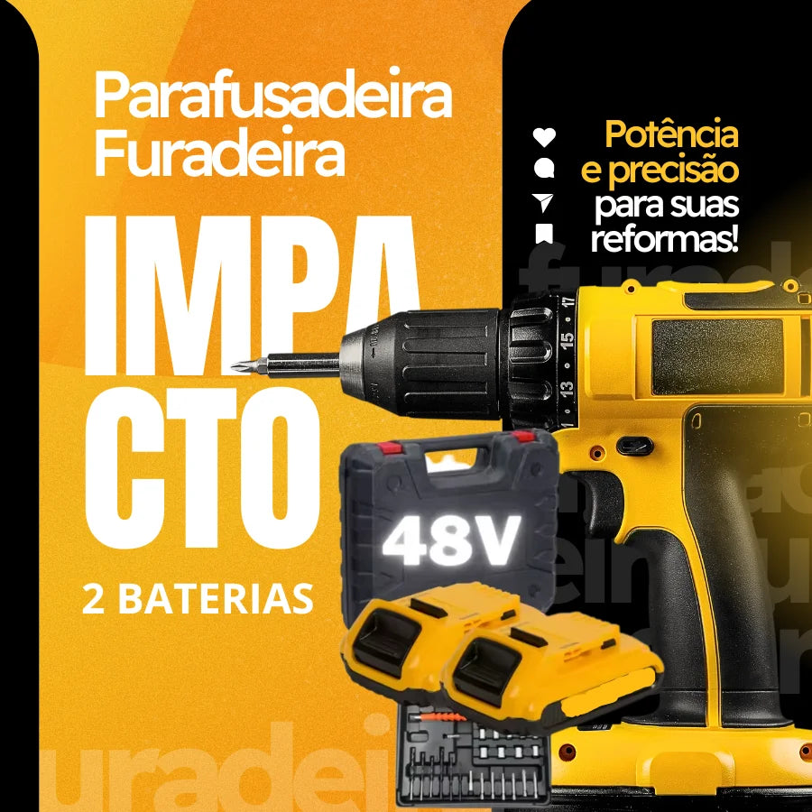 Furadeira/Parafusadeira de Impacto Sem Fio 48V com 2 Baterias Bivolt + Maleta Portátil Recarregável com Bits