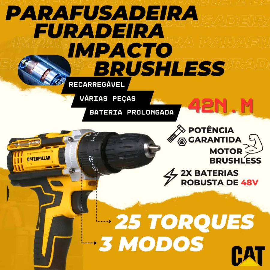 Furadeira/Parafusadeira de Impacto Sem Fio 48V com 2 Baterias Bivolt + Maleta Portátil Recarregável com Bits