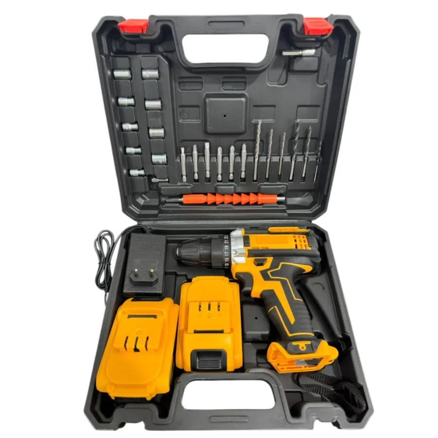 Furadeira/Parafusadeira de Impacto Sem Fio 48V com 2 Baterias Bivolt + Maleta Portátil Recarregável com Bits