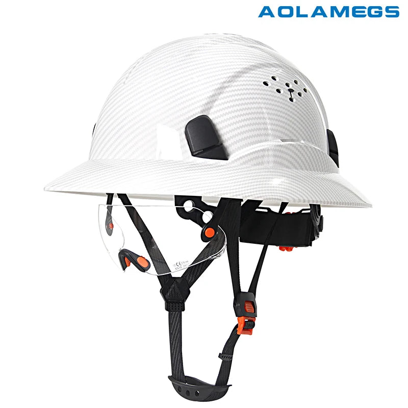 Capacete de Segurança Full Brim em Fibra de Carbono com Óculos Integrados — Capacete Anticolisão para Construção, Engenharia, ANSI, Respirável e de Alta Performance