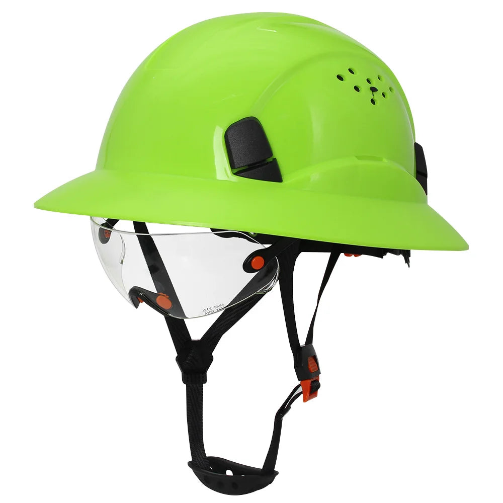 Capacete de Segurança Full Brim em Fibra de Carbono com Óculos Integrados — Capacete Anticolisão para Construção, Engenharia, ANSI, Respirável e de Alta Performance
