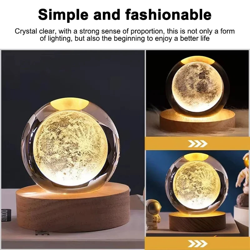 Bola de Cristal 3D do Sistema Solar 6cm – Luminária LED USB com Planeta Saturno • Esfera de Vidro Decorativa • Luz Atmosférica para Quarto