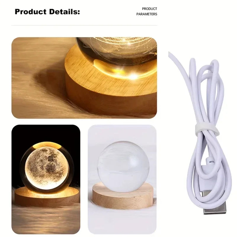 Bola de Cristal 3D do Sistema Solar 6cm – Luminária LED USB com Planeta Saturno • Esfera de Vidro Decorativa • Luz Atmosférica para Quarto