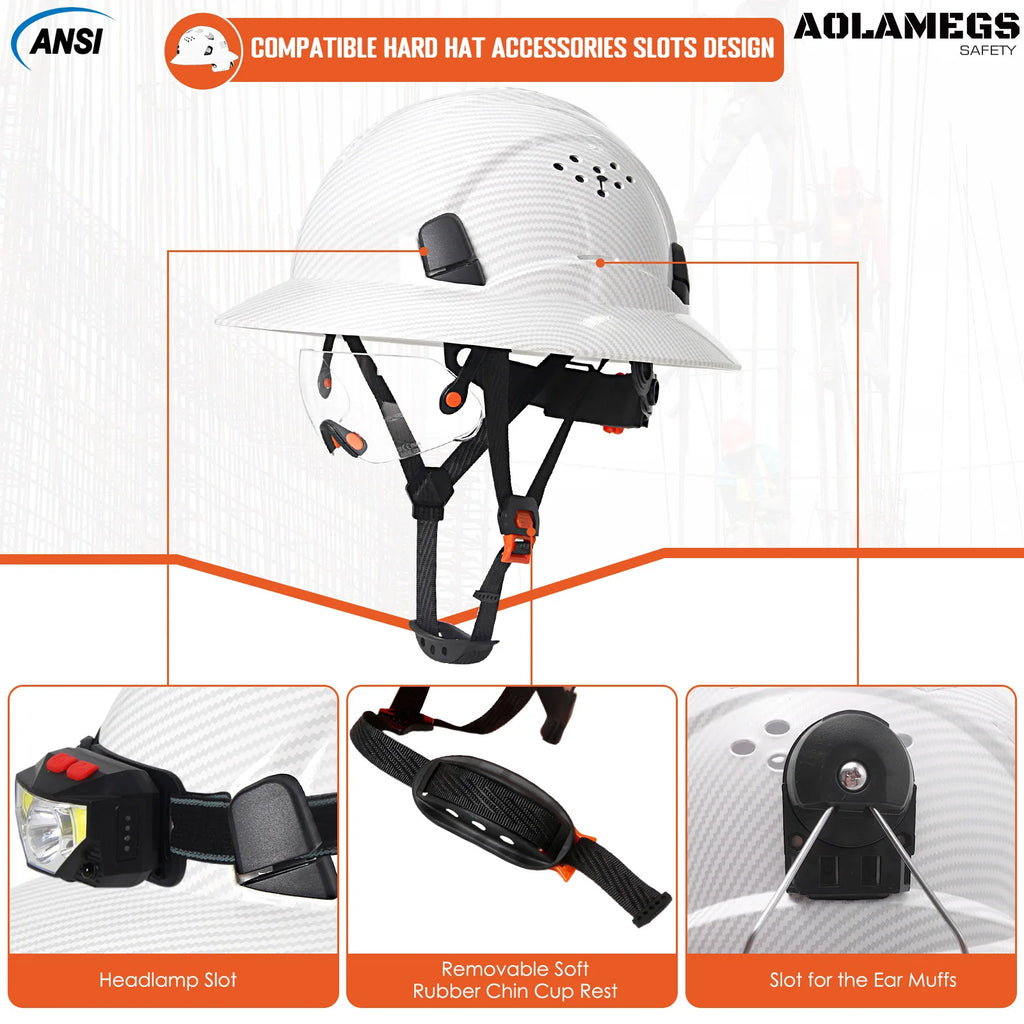 Capacete de Segurança Full Brim em Fibra de Carbono com Óculos Integrados — Capacete Anticolisão para Construção, Engenharia, ANSI, Respirável e de Alta Performance