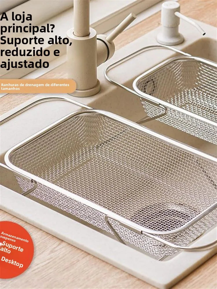 Cesto Escorredor de Pia Expandível em Aço Inoxidável – Cesto de Drenagem para Cozinha, Lava-Legumes e Escorredor Multifuncional