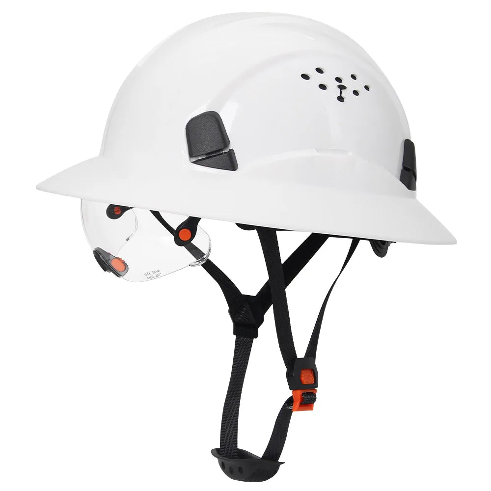 Capacete de Segurança Full Brim em Fibra de Carbono com Óculos Integrados — Capacete Anticolisão para Construção, Engenharia, ANSI, Respirável e de Alta Performance