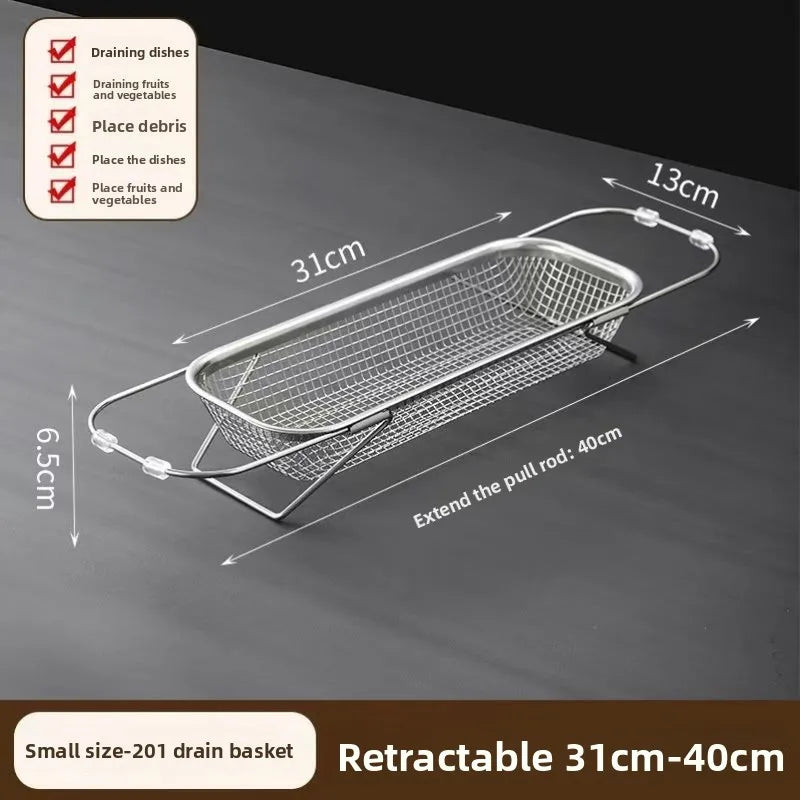 Cesto Escorredor de Pia Expandível em Aço Inoxidável – Cesto de Drenagem para Cozinha, Lava-Legumes e Escorredor Multifuncional