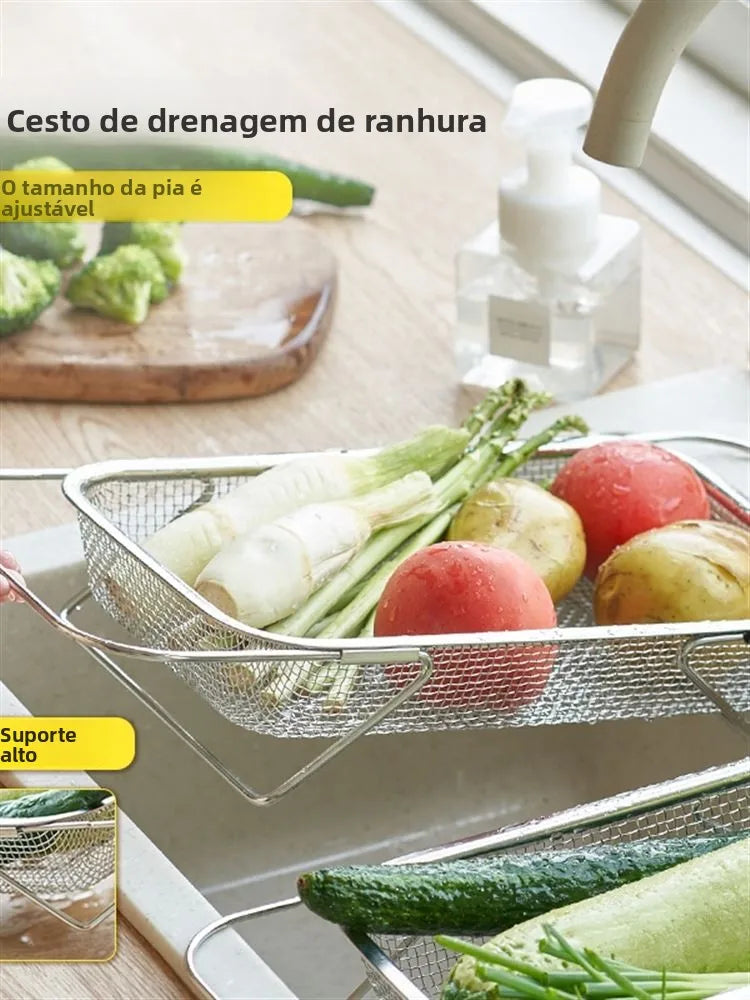 Cesto Escorredor de Pia Expandível em Aço Inoxidável – Cesto de Drenagem para Cozinha, Lava-Legumes e Escorredor Multifuncional