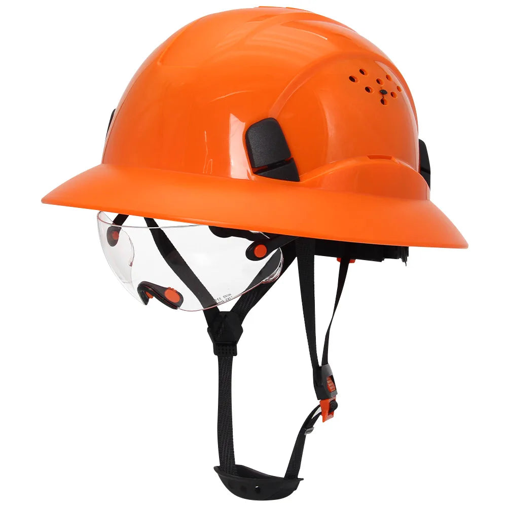 Capacete de Segurança Full Brim em Fibra de Carbono com Óculos Integrados — Capacete Anticolisão para Construção, Engenharia, ANSI, Respirável e de Alta Performance