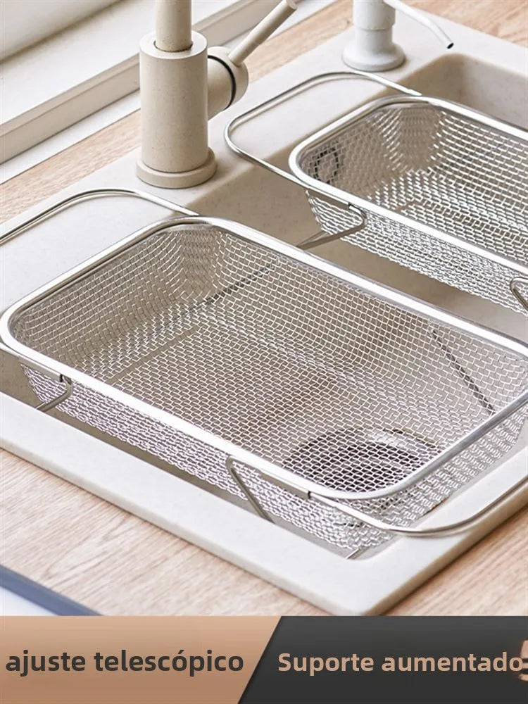 Cesto Escorredor de Pia Expandível em Aço Inoxidável – Cesto de Drenagem para Cozinha, Lava-Legumes e Escorredor Multifuncional