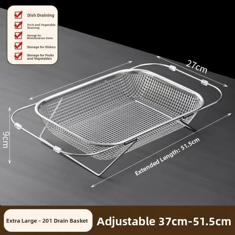 Cesto Escorredor de Pia Expandível em Aço Inoxidável – Cesto de Drenagem para Cozinha, Lava-Legumes e Escorredor Multifuncional