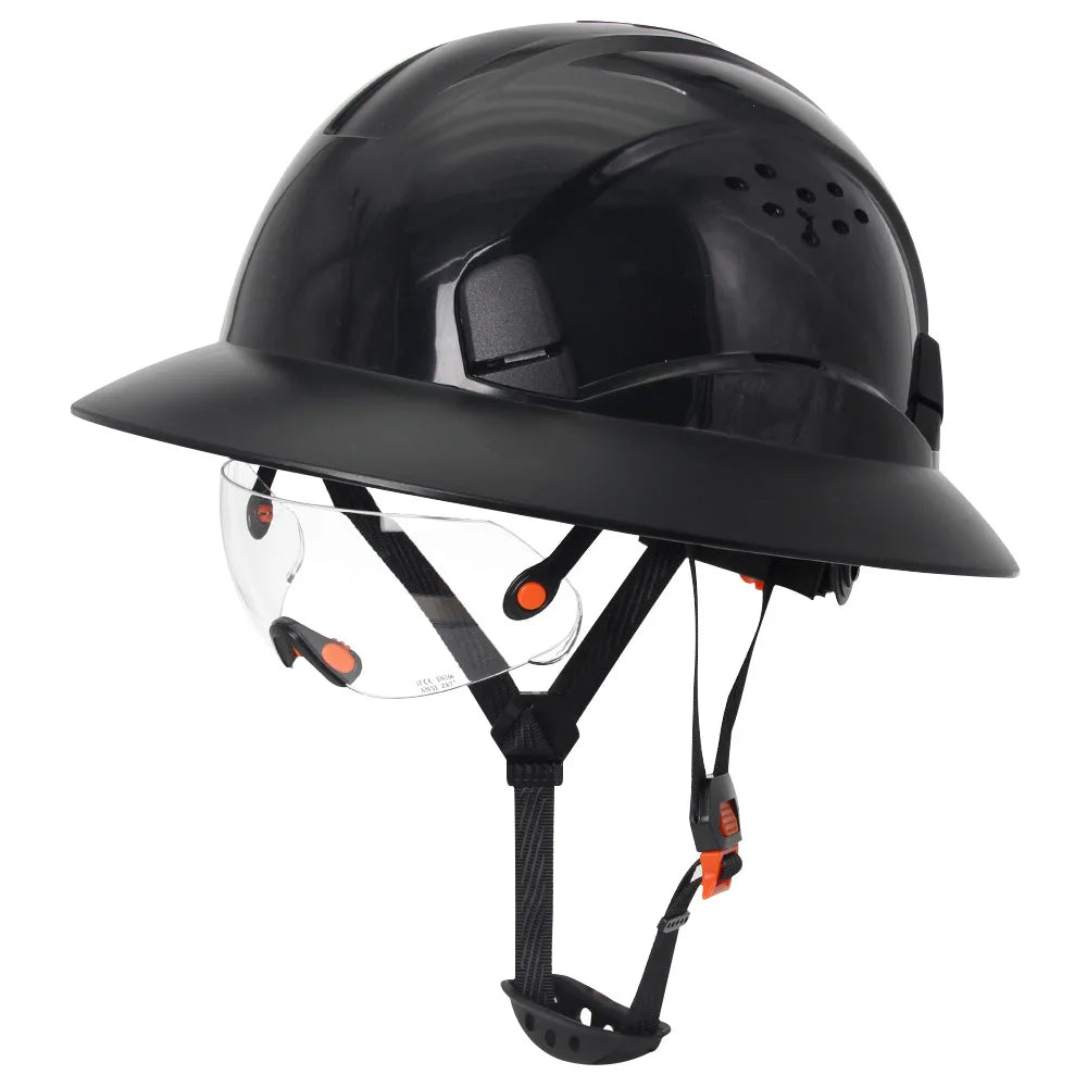 Capacete de Segurança Full Brim em Fibra de Carbono com Óculos Integrados — Capacete Anticolisão para Construção, Engenharia, ANSI, Respirável e de Alta Performance