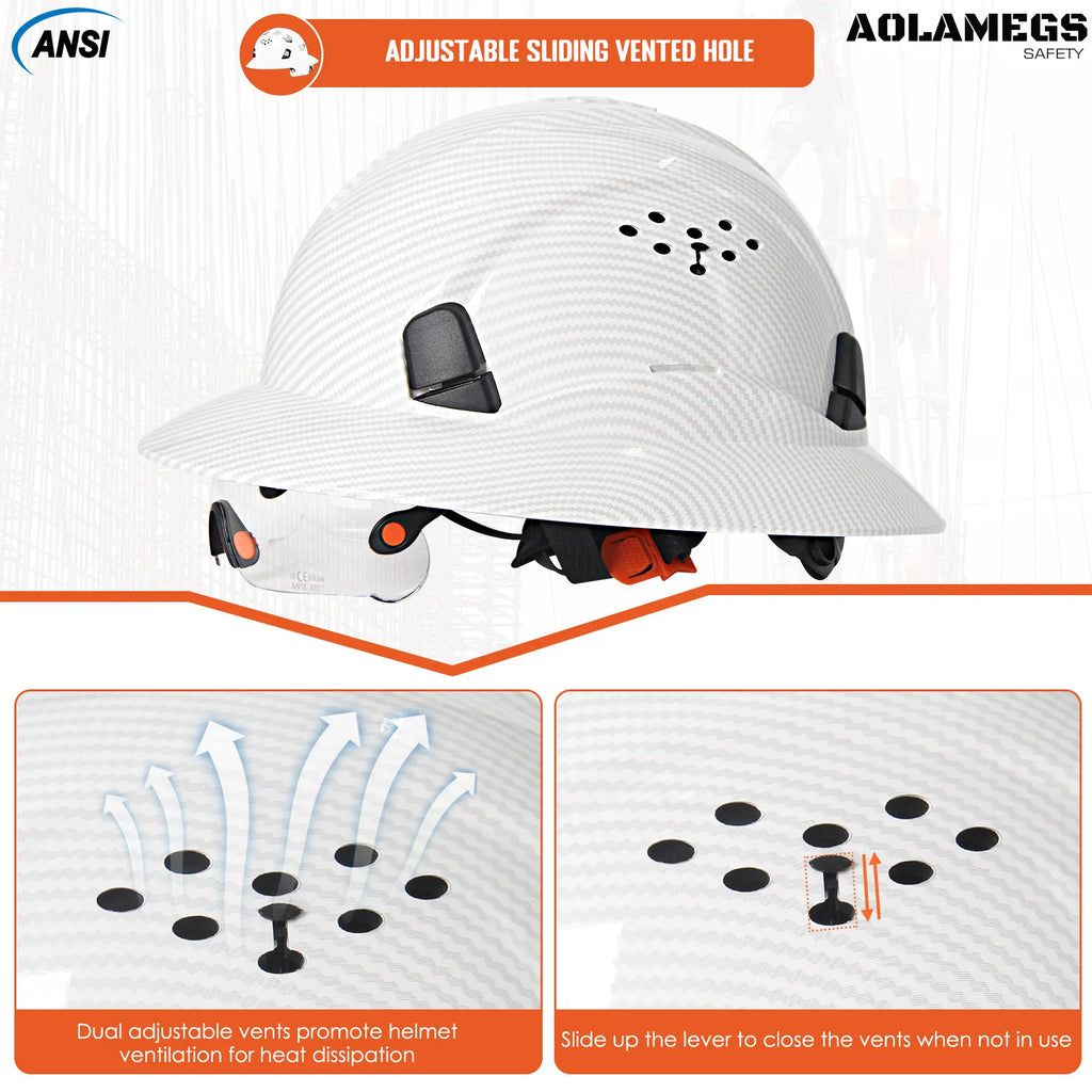 Capacete de Segurança Full Brim em Fibra de Carbono com Óculos Integrados — Capacete Anticolisão para Construção, Engenharia, ANSI, Respirável e de Alta Performance