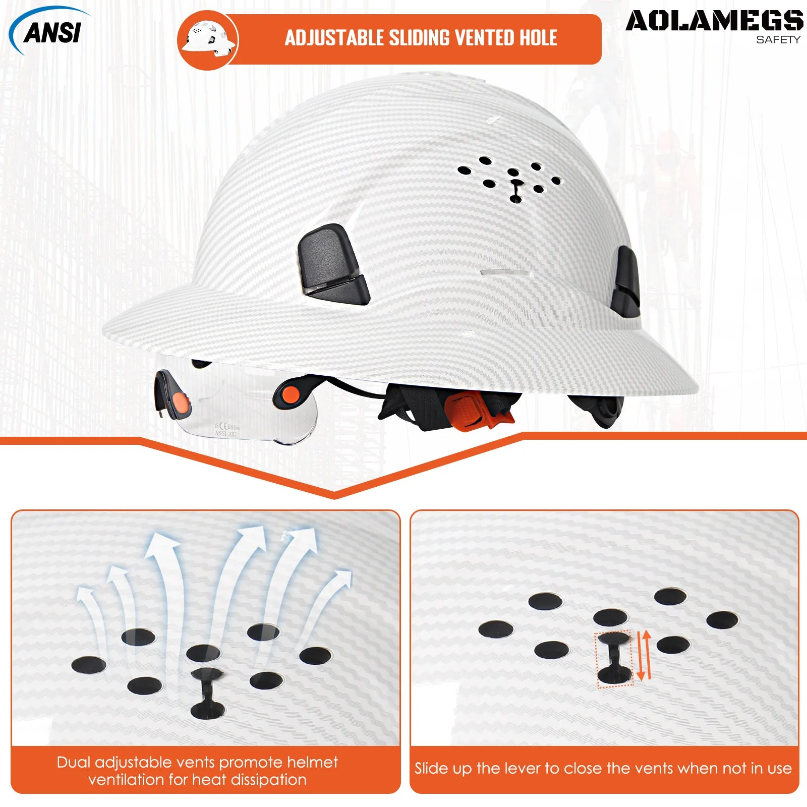 Capacete de Segurança Full Brim em Fibra de Carbono com Óculos Integrados — Capacete Anticolisão para Construção, Engenharia, ANSI, Respirável e de Alta Performance