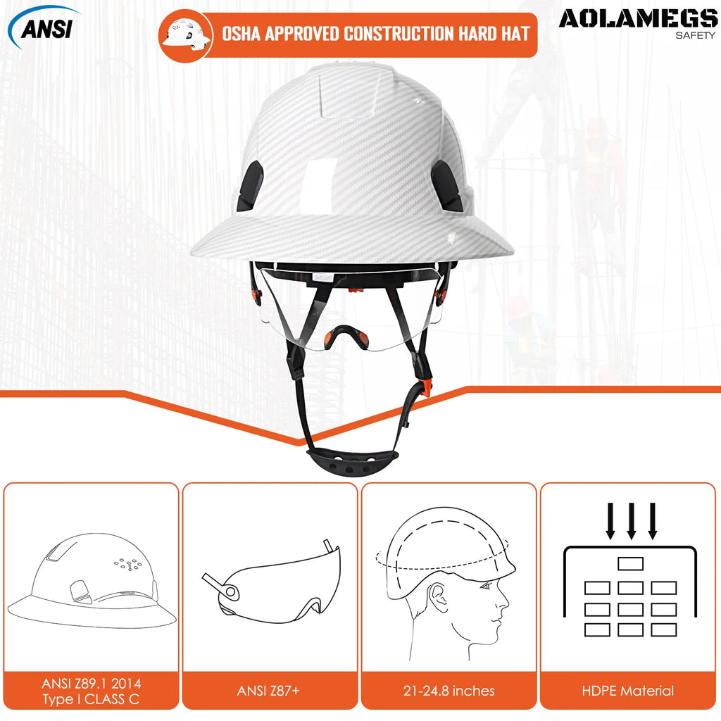 Capacete de Segurança Full Brim em Fibra de Carbono com Óculos Integrados — Capacete Anticolisão para Construção, Engenharia, ANSI, Respirável e de Alta Performance