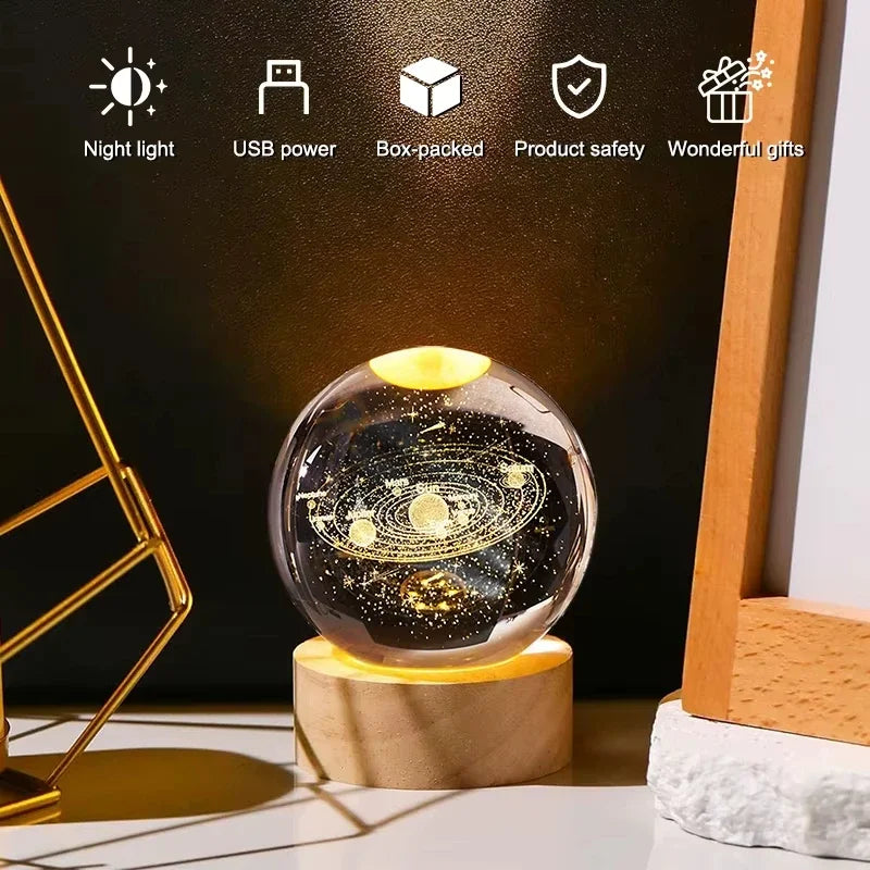 Bola de Cristal 3D do Sistema Solar 6cm – Luminária LED USB com Planeta Saturno • Esfera de Vidro Decorativa • Luz Atmosférica para Quarto