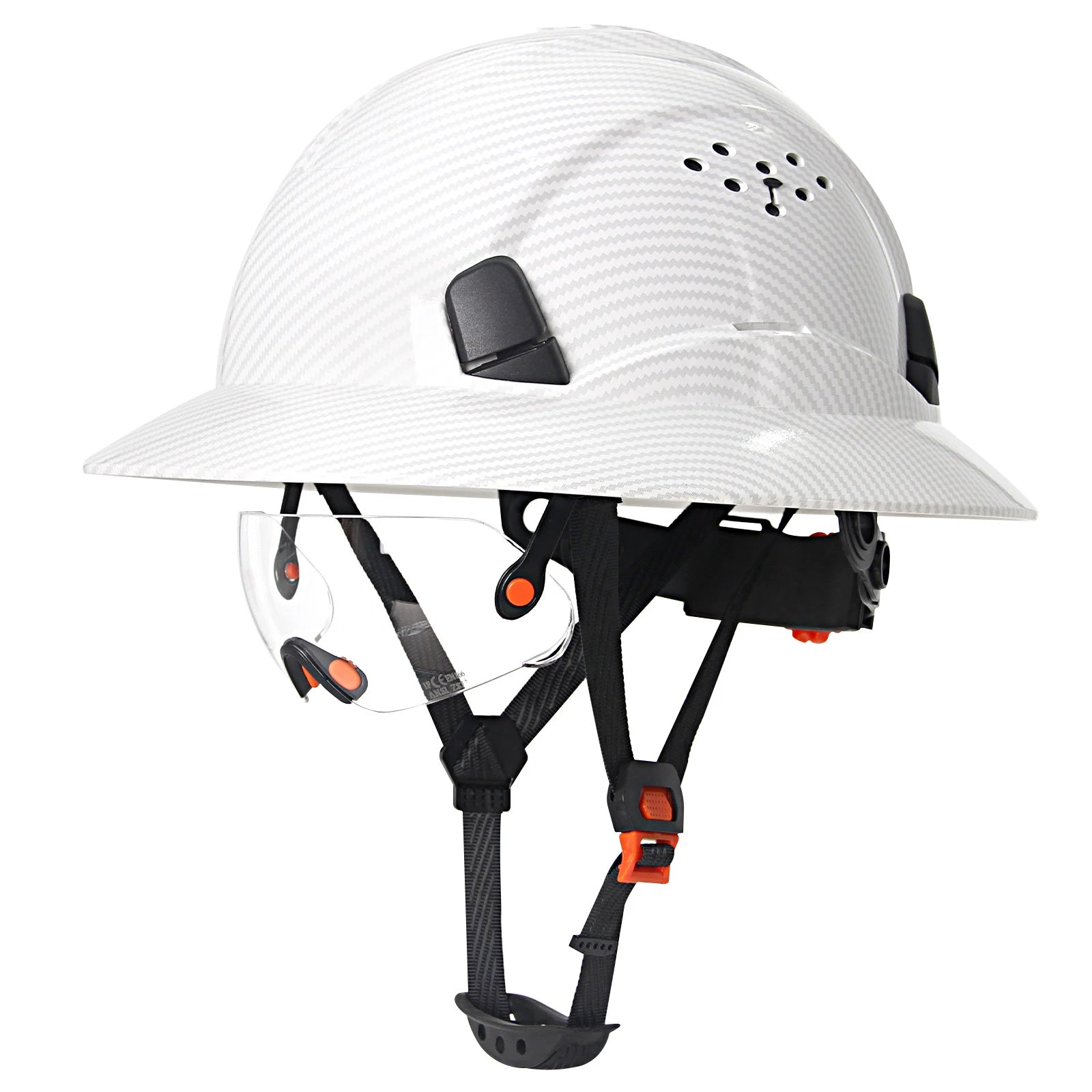 Capacete de Segurança Full Brim em Fibra de Carbono com Óculos Integrados — Capacete Anticolisão para Construção, Engenharia, ANSI, Respirável e de Alta Performance