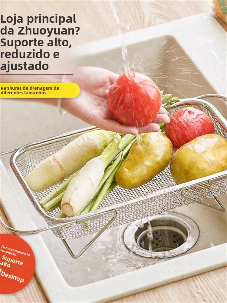 Cesto Escorredor de Pia Expandível em Aço Inoxidável – Cesto de Drenagem para Cozinha, Lava-Legumes e Escorredor Multifuncional