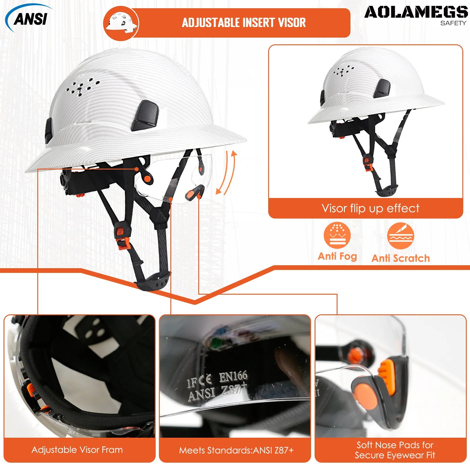Capacete de Segurança Full Brim em Fibra de Carbono com Óculos Integrados — Capacete Anticolisão para Construção, Engenharia, ANSI, Respirável e de Alta Performance